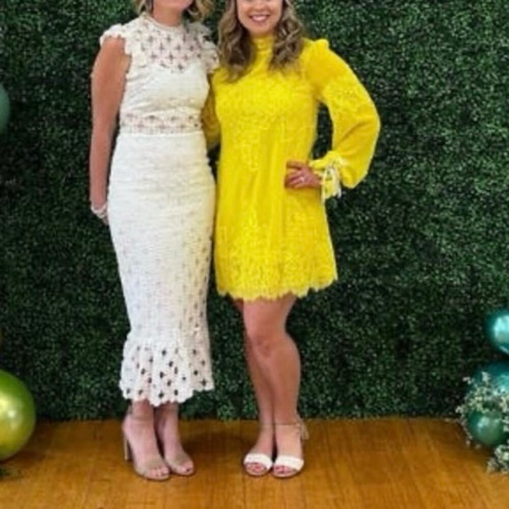 HOT AS HELL HAH Neon Yellow Lace Covered Long Sleeve High Neck Mini Dress sz S - Picture 10 of 16
